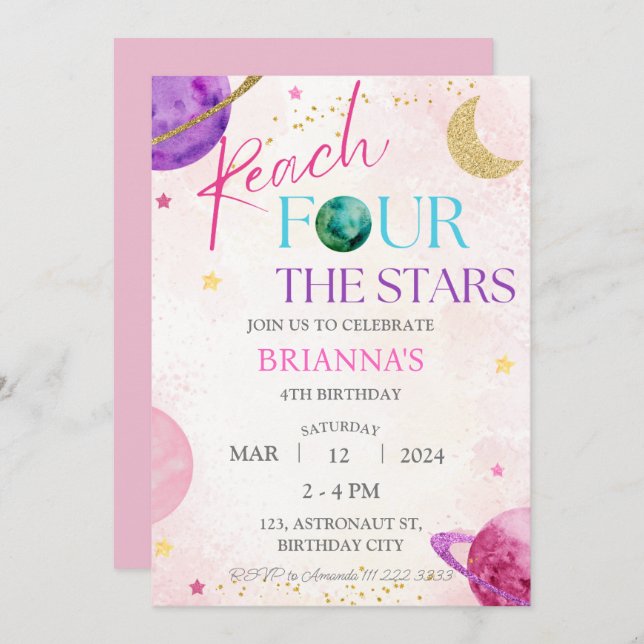 Space 4th Reach Four the Stars Birthday Girl Invitation (Front/Back)