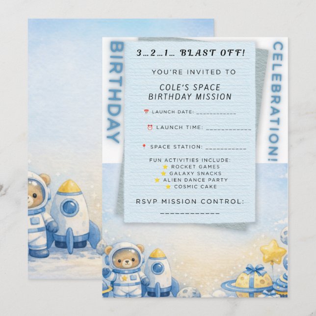 Space Adventure Birthday Invitation – Cute Astrona (Front/Back)