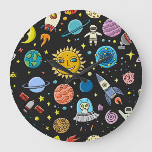 Space adventure: planets, rockets pattern. large clock