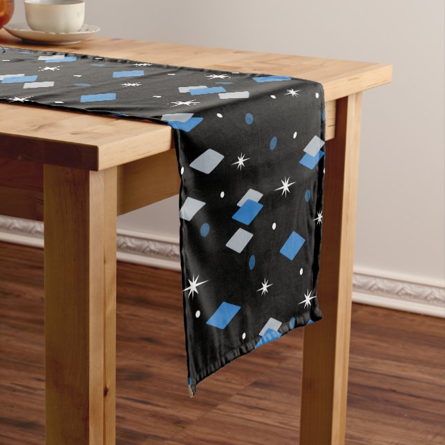 Space Age Diamonds Blue Black Short Table Runner (In Situ)