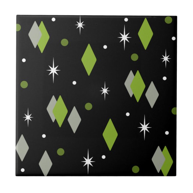 Space Age Diamonds Chartreuse Black Ceramic Tile (Front)
