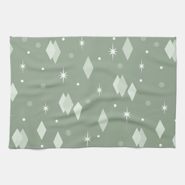 Space Age Diamonds Sage Green Tea Towel (Horizontal)