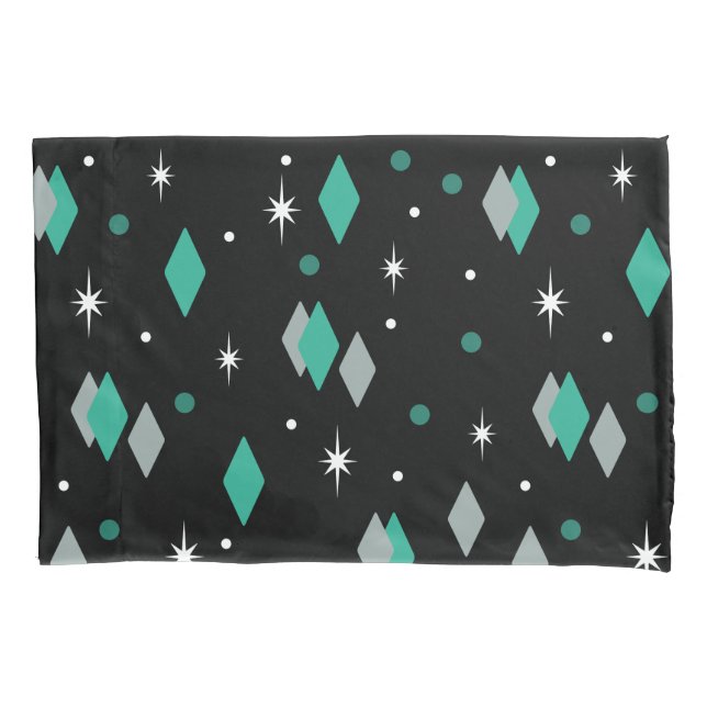 Space Age Diamonds Turquoise Black Pillowcase (Front)