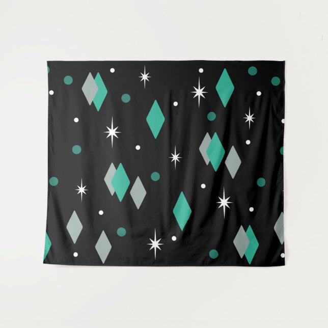 Space Age Diamonds Turquoise Black Tapestry (Front (Horizontal))
