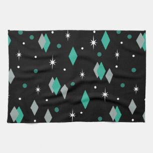 Space Age Diamonds Turquoise Black Tea Towel