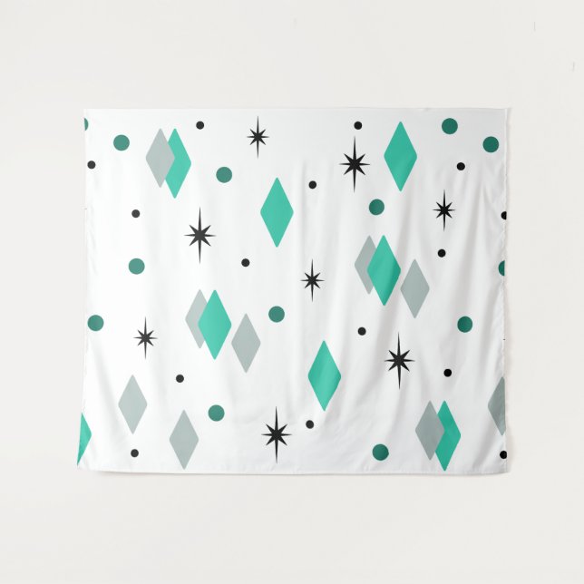 Space Age Diamonds Turquoise White Tapestry (Front (Horizontal))