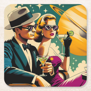 Space Age Las Vegas Martini Gangster Party Square Paper Coaster