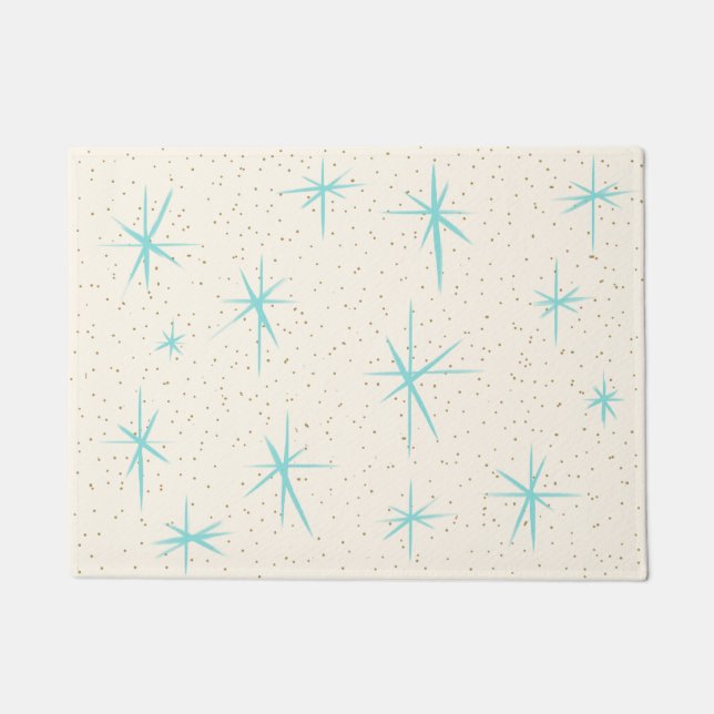 Space Age Turquoise Starbursts Door Mat (Front)