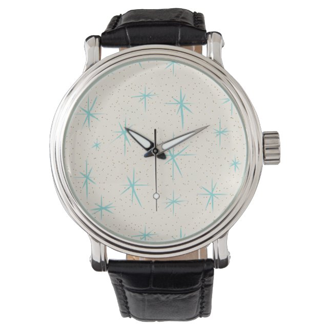Space Age Turquoise Starbursts Leather Watch (Front)