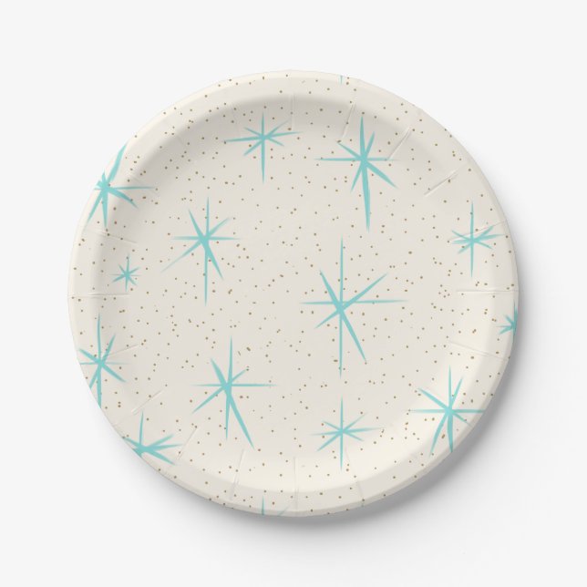 Space Age Turquoise Starbursts Paper Plates (Front)