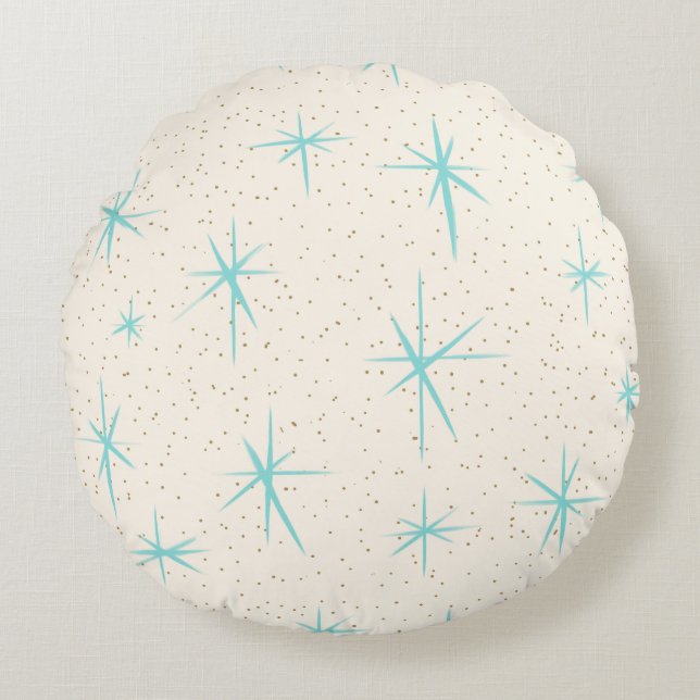Space Age Turquoise Starbursts Round Pillow (Front)