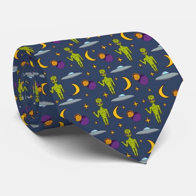 Space Aiens and Flying Saucers Sci-Fi Themed Tie (Rolled)