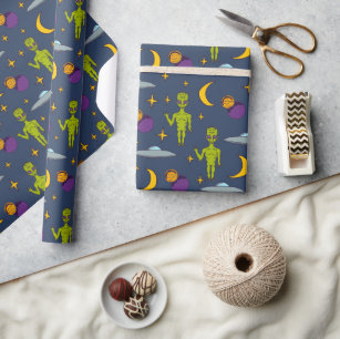 Space Aiens and Flying Saucers Sci-Fi Themed Wrapping Paper
