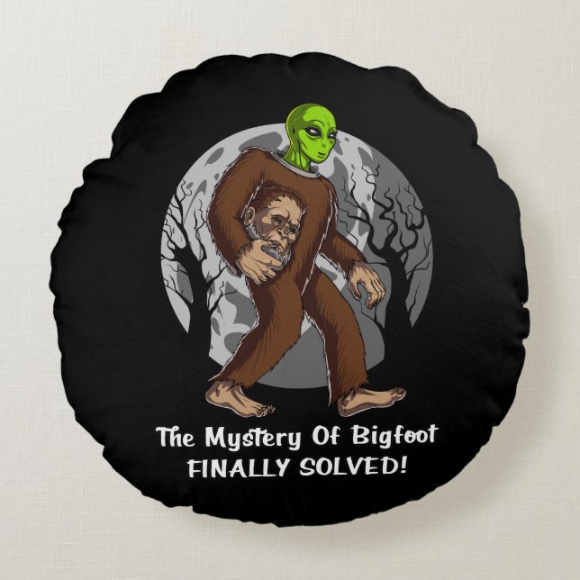 Space Alien Bigfoot Conspiracy Mystery Solved UFO Round Cushion (Front)