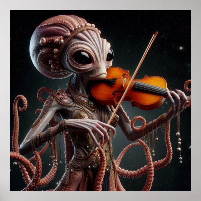 Space Alien Femail Octopus Playing Violin  Poster (Front)