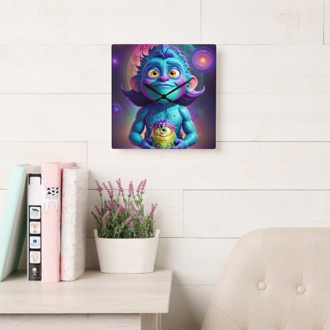 Space Alien & Friend Square Wall Clock (Reading Room)