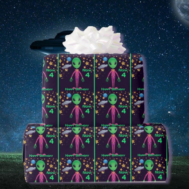 Space Alien Happy Birthday NAME AGE Cute Wrapping  Wrapping Paper (Creator Uploaded)