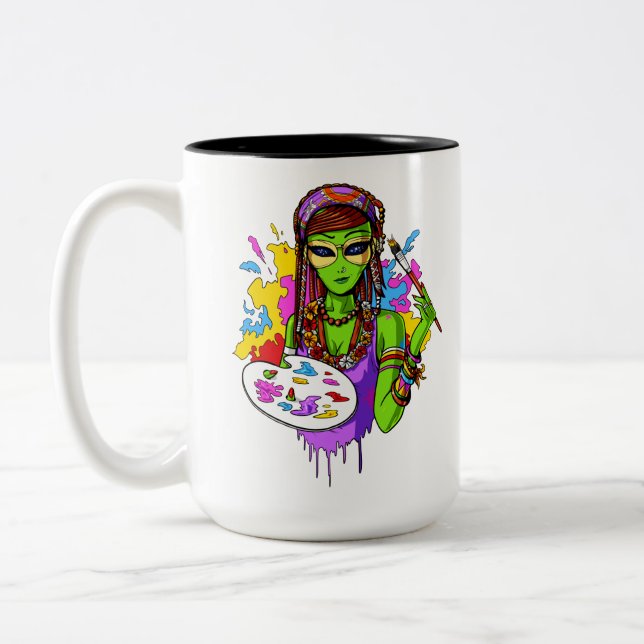 Space Alien Hippie Painting Artist Two-Tone Coffee Mug (Left)