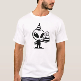 Space Alien Holding a Birthday Cake Sci Fi T-Shirt