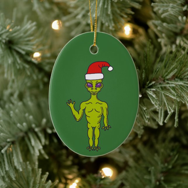 Space Alien in a Santa Hat Personalised Christmas Ceramic Ornament (Tree)