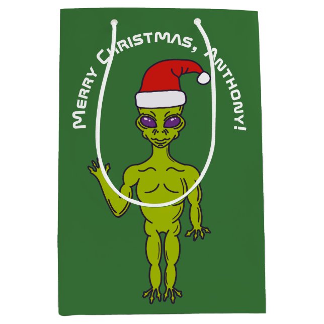 Space Alien in a Santa Hat Personalised Christmas Medium Gift Bag (Front)