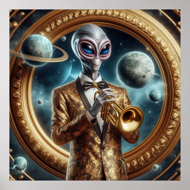 Space Alien Male Playing Trumpet Fancy Jacket Poster (Front)