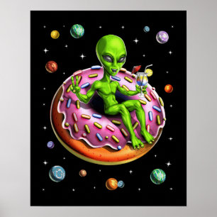 Space Alien Riding Donut Poster