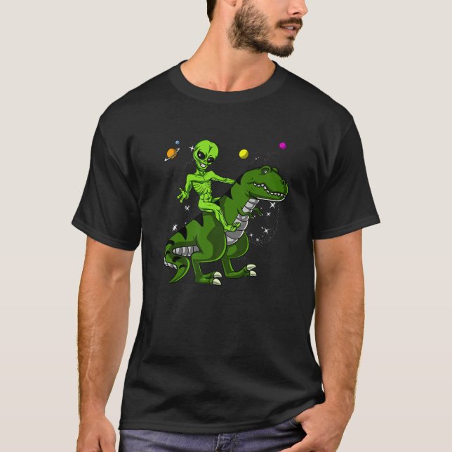 Space Alien Riding Rex Dinosaur Science Fiction Ki T-Shirt (Front)