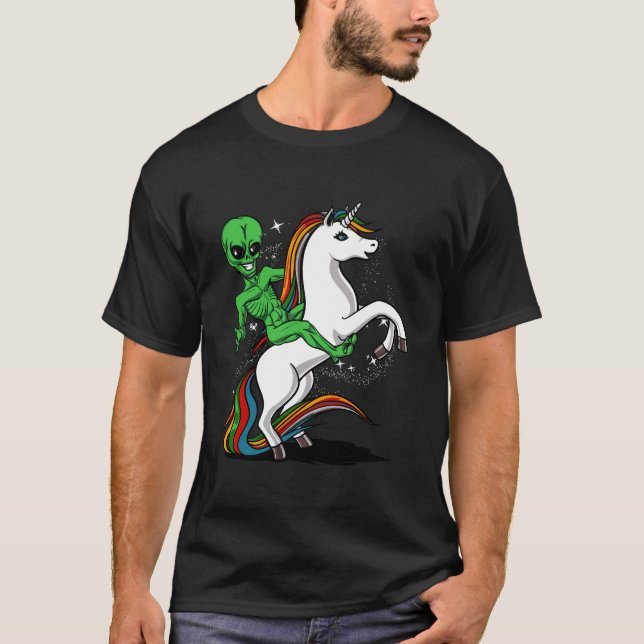 Space Alien Riding Unicorn Funny Ufo Boys Girls Ki T-Shirt (Front)