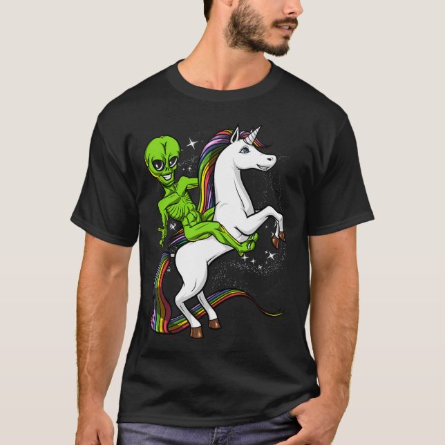 Space Alien Riding Unicorn T-Shirt (Front)