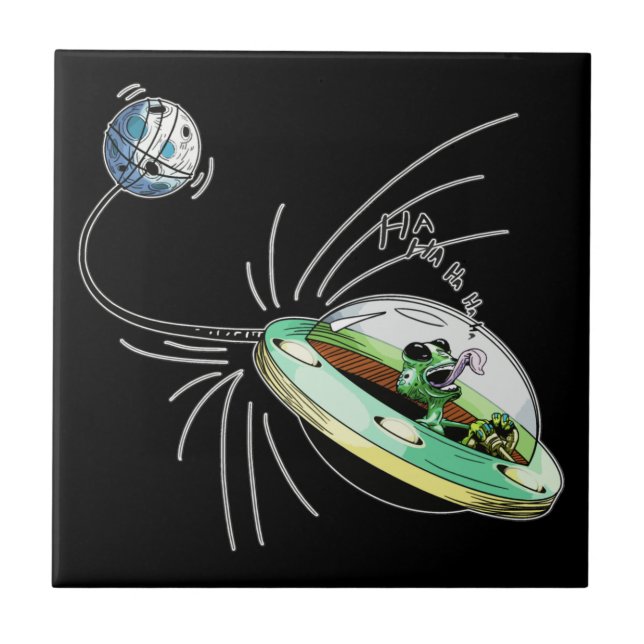 Space Alien Stealing the Moon Ceramic Tile (Front)