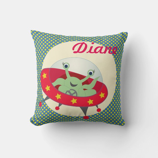 Space alien ufo pillow, personalise with name cushion (Front)
