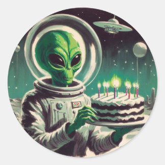 Space Alien with Birthday Cake UFO Flying Saucer  Classic Round Sticker