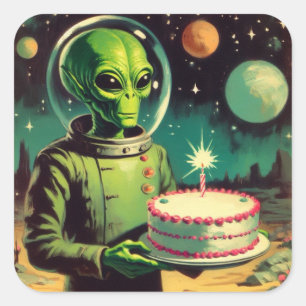 Space Alien with Birthday Cake UFO Flying Saucer Square Sticker