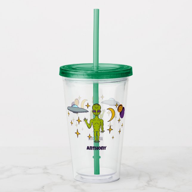 Space Alien with Flying Saucer Personalised Acrylic Tumbler (Front)