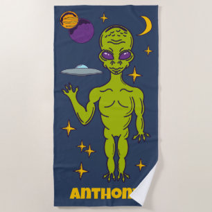 Space Alien with Flying Saucer Personalised Beach Towel