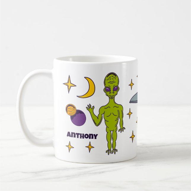 Space Alien with Flying Saucer Personalised Coffee Mug (Left)