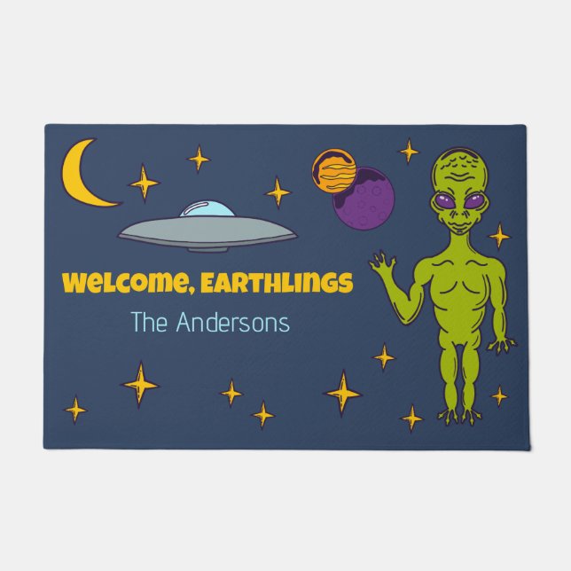 Space Alien with Flying Saucer Personalised Doormat (Front)