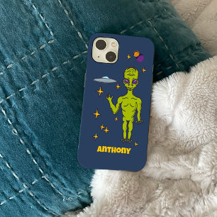 Space Alien with Flying Saucer Personalised iPhone 14 Case