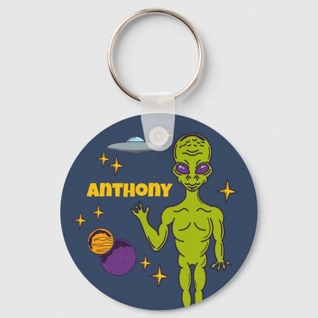 Space Alien with Flying Saucer Personalised Key Ring (Front)