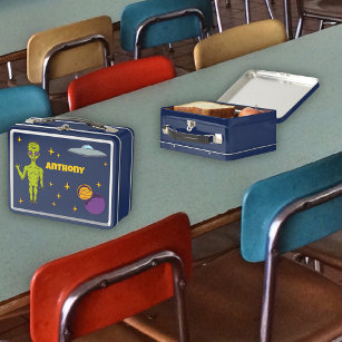 Space Alien with Flying Saucer Personalised Metal Lunch Box