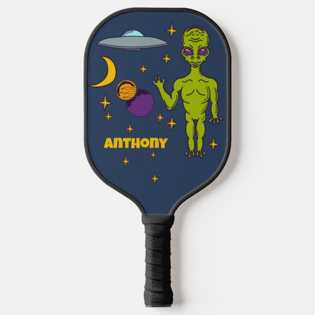 Space Alien with Flying Saucer Personalised Pickleball Paddle (Front)