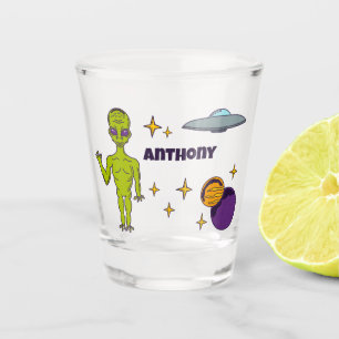 Space Alien with Flying Saucer Personalised Shot Glass