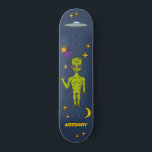 Space Alien with Flying Saucer Personalised Skateboard<br><div class="desc">Create an out-of-this-world personalised gift. This skateboard deck features illustrations of a lime green space alien,  a ufo or flying saucer,  stars,  a moon and planets and is ready to be personalised with a name.</div>