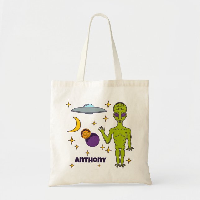 Space Alien with Flying Saucer Personalised Tote Bag (Front)
