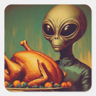 Space Alien with Thanksgiving Turkey Retro Square Sticker