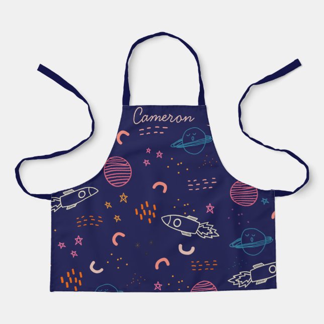 Space and Planets Doodle in Blue Personalised Apron (Front)