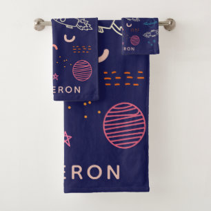 Space and Planets Doodle in Blue Personalised Bath Towel Set