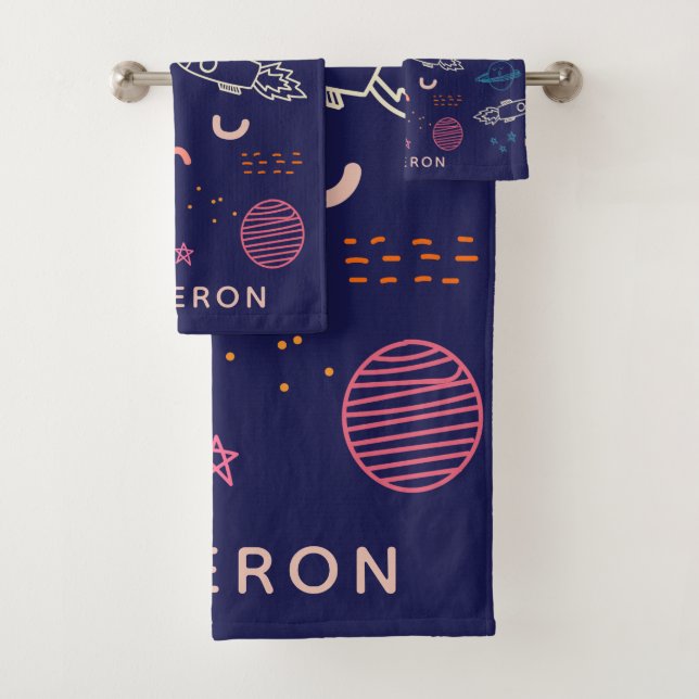 Space and Planets Doodle in Blue Personalised Bath Towel Set (Insitu)