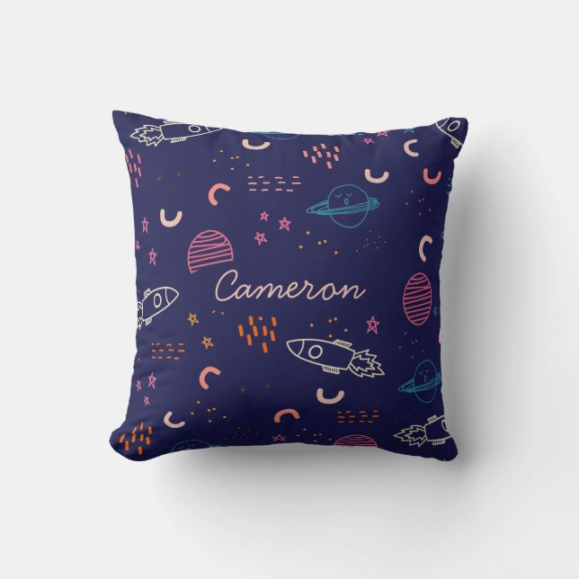 Space and Planets Doodle in Blue Personalised Cushion (Front)